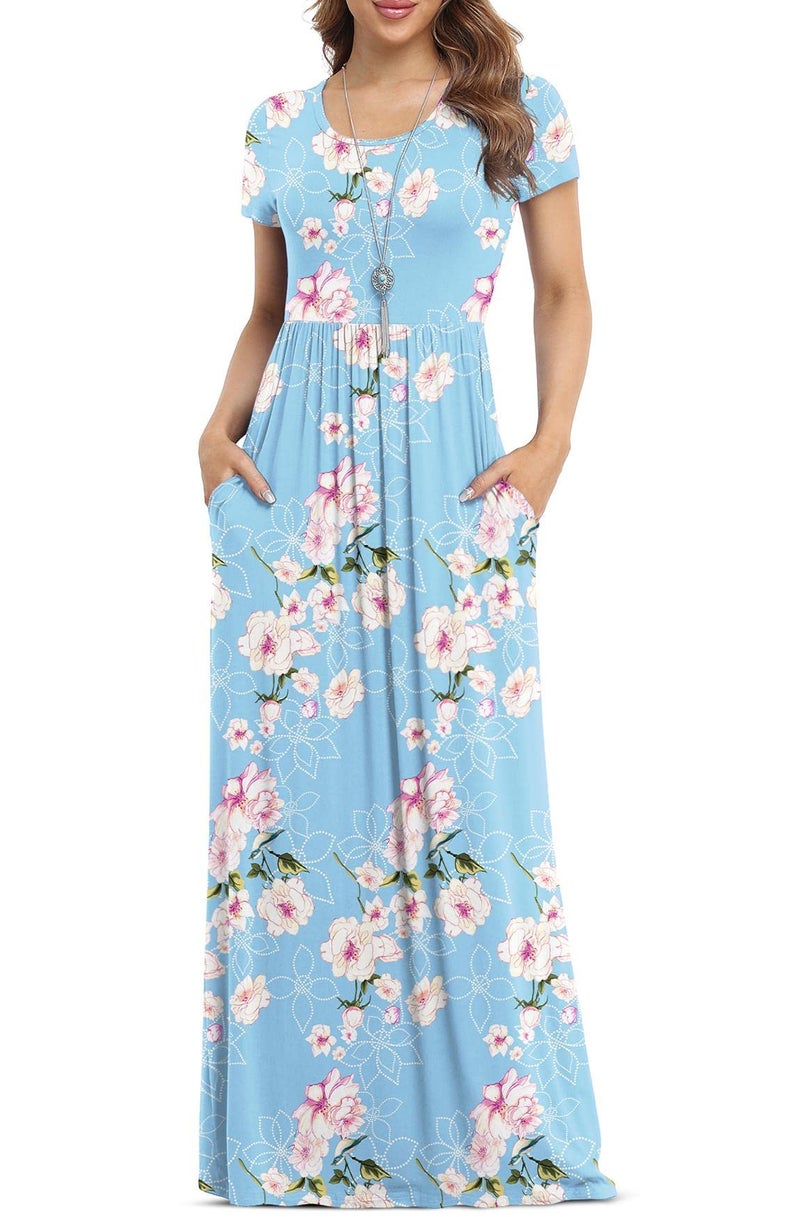 VIISHOW Women's Short Sleeve Floral Dress Loose Plain Maxi Dresses Casual Long Dresses with Pockets(Floral Light Blue Large)
